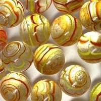 Picture of M337  HANDMADE 25mm set of 10  Transparent Clear with Yellow & Red Stripes Marbles 
