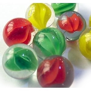 NEW 100 GLASS MARBLES IN NET 16mm CLEAR WITH COLOUR SWIRLS PMS 