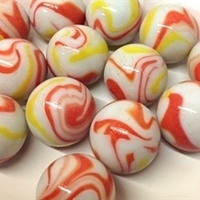 Picture of M198 25MM white base with orange and yellow twisted swirls glass marbles 