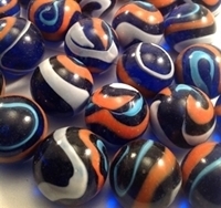 Picture of M208 25MM blue base with white, black, orange swirls twisted glass marbles 