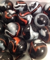 Picture of M232 25MM black base with white and orange swirls glass marbles 