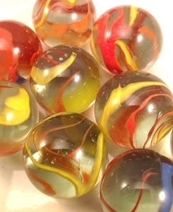Picture of M223 25MM transparent clear with blue, yellow, red, orange swirls glass marbles