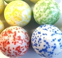 Picture of M202A 25MM White rolled in Blue, Green, Yellow, or Red Colored Crushed Glass Shiny Marble