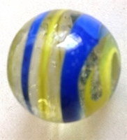 Picture of MJ3222B  HANDMADE 25MM Set of 10 Marbles, CLEAR w/BLUE & YELLOW STRIPES