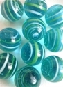 Picture of MJ3226FA HANDMADE 16MM Marbles Transparent Turquoise w/white and yellow stripes, set of 10