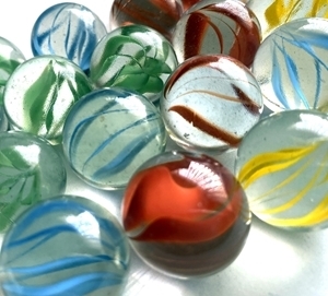 Flat Glass Marbles -red clear and peach green yellow blue 