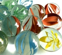 Picture of M220 25MM transparent clear with orange, yellow, blue, green swirls glass marbles